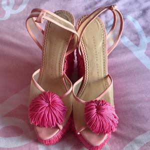 CHARLOTTE OLYMPIA PINK FRINGE WEDGE SANDALS